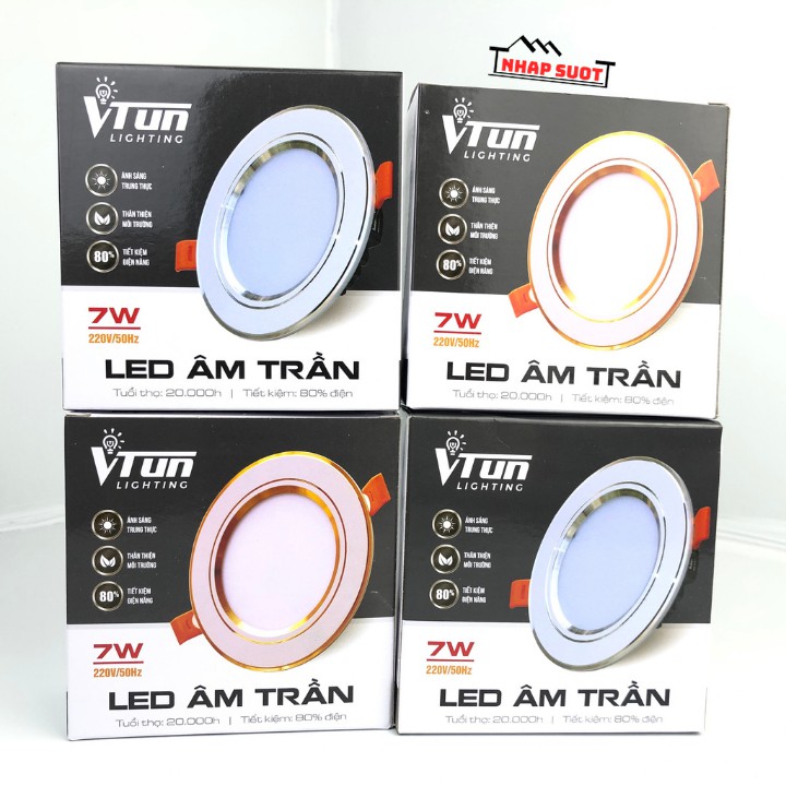 Đèn âm trần, led downlight VTUN Lighting 7w phi 90 viền vàng, viền bạc, ánh sáng trắng, đổi 3 màu - 90/7