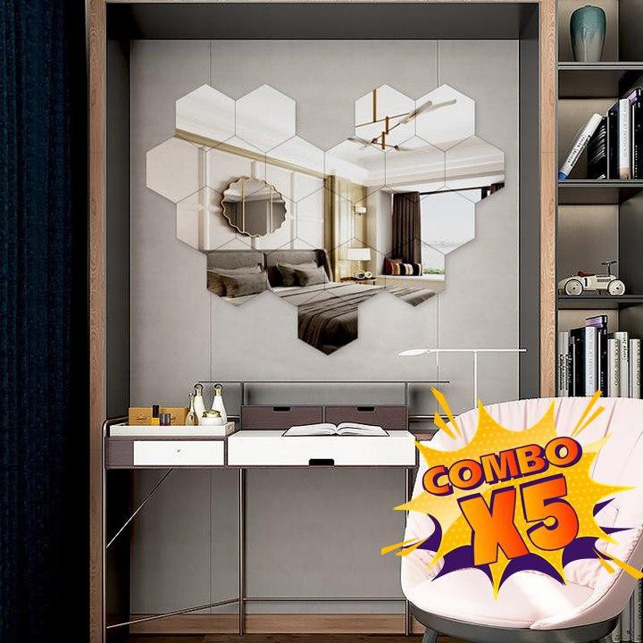 Combo 5 Bộ 12 miếng gương dán tường 3D hình lục giác 8x8 cm