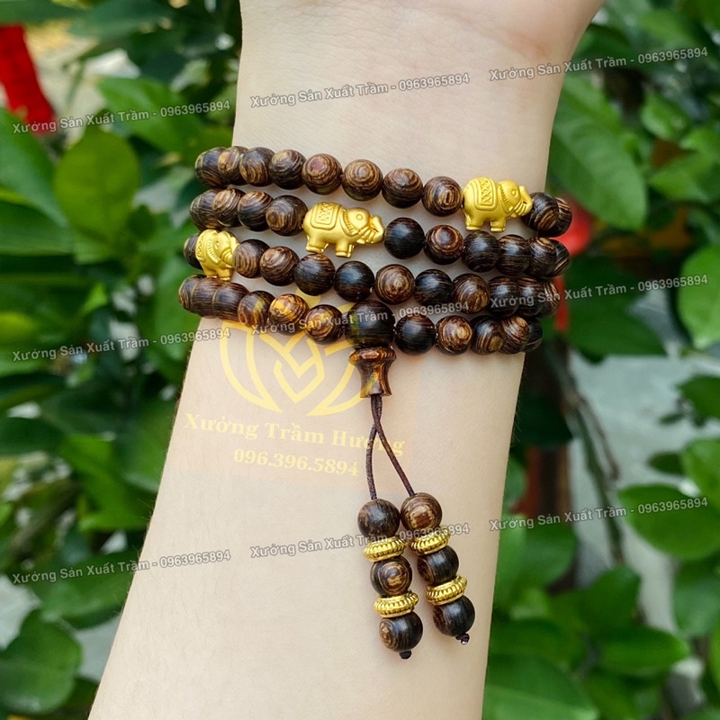 Chuỗi Trầm Sánh Chìm 108 hạt mix Con Voi vàng - Vòng Tay Gỗ Trầm Hương tự nhiên Nam Nữ - Dây Tràng