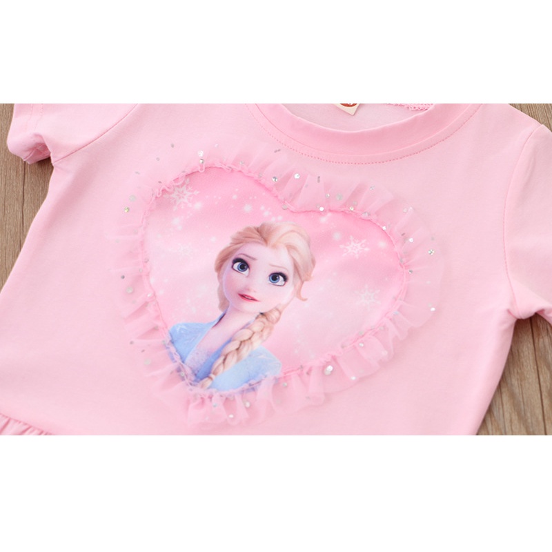 Váy ngắn tay chất cotton in hình công chúa Elsa lấp lánh cho bé gái