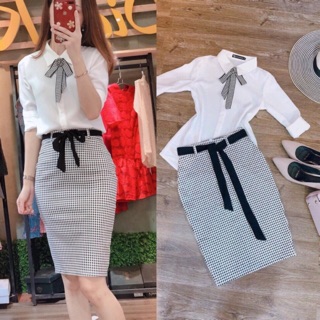 Bán Sỉ (Có bán rời)Set Sơ mi và chân váy body kẻ kèm nơ CVCC19
