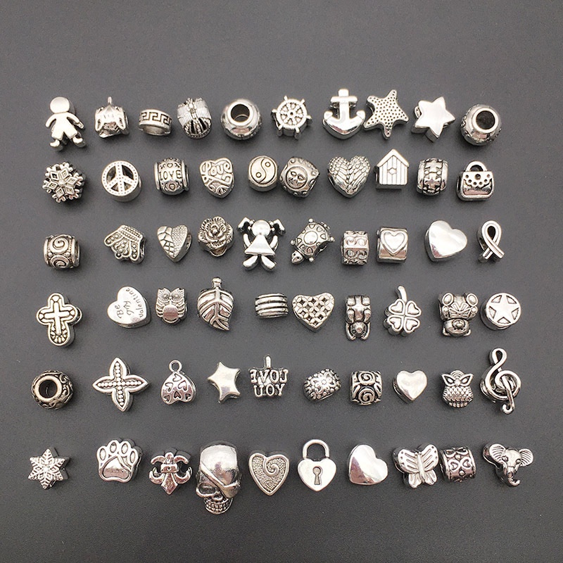 Set 10 Mặt Dây Chuyền Bằng Hợp Kim Màu Bạc Hình Dạng Độc Đáo Phụ Kiện Làm Vòng Tay Pandora / Hạt Lỗ Lớn