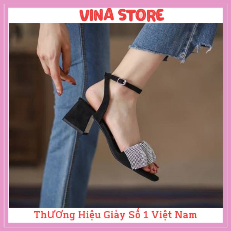 Giày Sandal Cao Gót Nữ 3 Phân Đế Vuông Màu Đen Quai Nhún Đá Kim Tuyến Cao Cấp có dây hậu cài khóa hot 2021 - mã B45