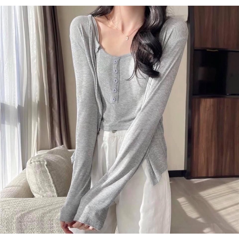 Sét 2 Món Cadigan Áo 2 Dây Nữ 🎀|FREESHIP| Sét áo Quây Jacket Thun Tăm Ôm Body Ulzzang, Chất len tăm Co dãn