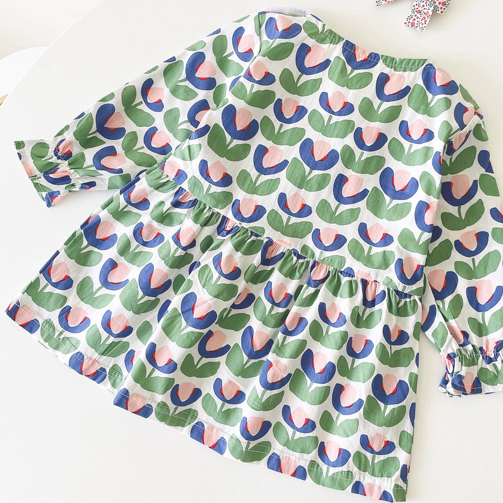 Đầm công chúa SANLUTOZ tay dài bằng cotton in họa tiết hoa thời trang xuân thu cho bé gái