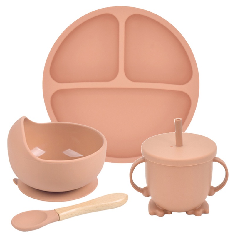 Bộ 4 Dụng Cụ Tập Ăn Gồm Bát / Muỗng / Ống Hút Chia Ngăn Bằng Silicone Cho Bé