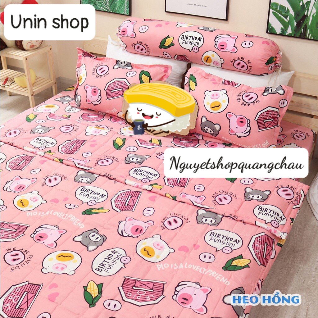 (Sale lớn) Bộ 3 món ga kèm 2 áo gối m6/m8/2m2, drap bo chun bọc nệm mẫu Đoraemon poly cotton