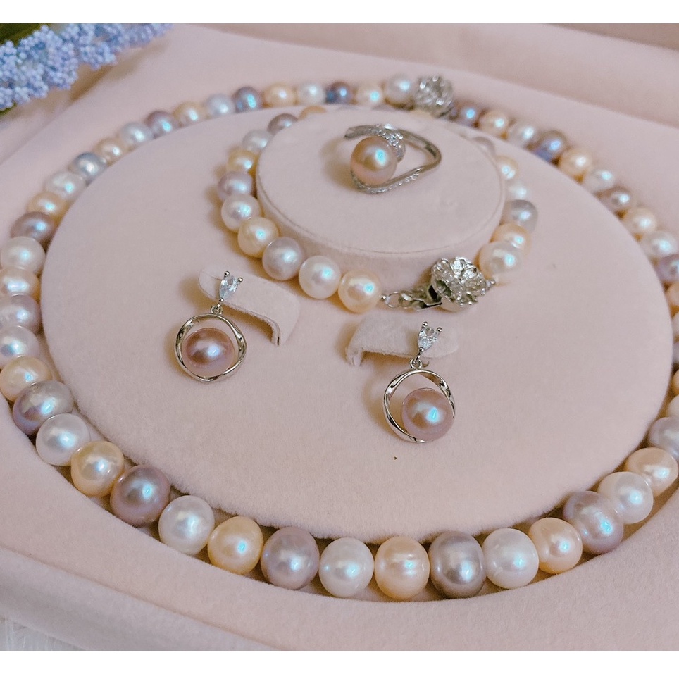 Bộ trang sức trai thật tự nhiên nuôi nước ngọt 10li phối màu gồm vòng cổ, vòng tay, bông tai,nhẫn