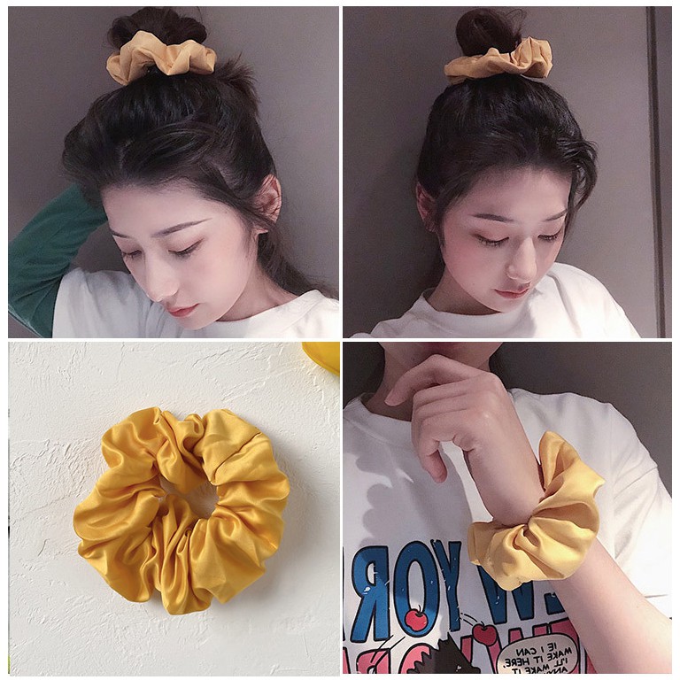 Dây buộc tóc scrunchies, dây cột tóc chun buộc tóc nữ kẻ phồng màu vàng dễ thương thời trang Hàn Quốc P165 - VHT SHOP