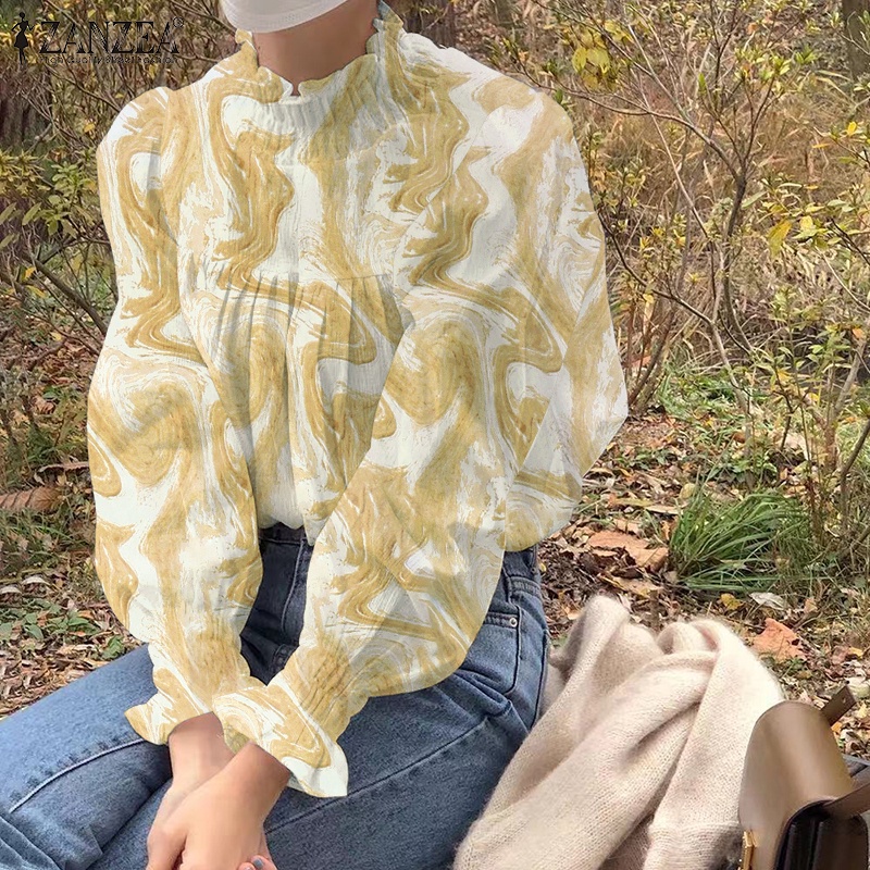 Áo kiểu ZANZEA tay dài cổ xếp ly dáng rộng thời trang cho nữ