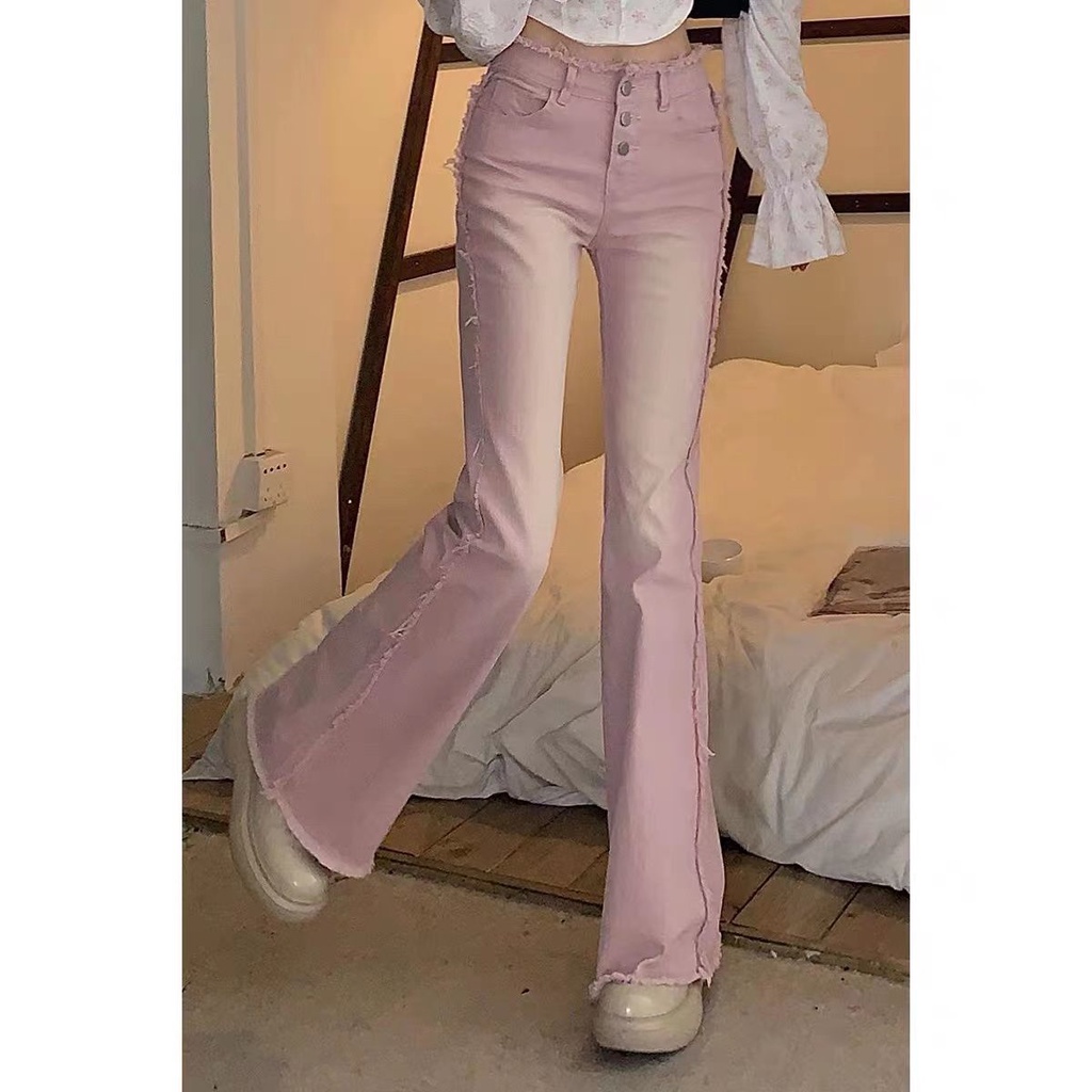 Spring and Summer girls pink hot girls stretch close-fitting slim-fit legs slightly tight burrs slim denim flared pants for women AY2H