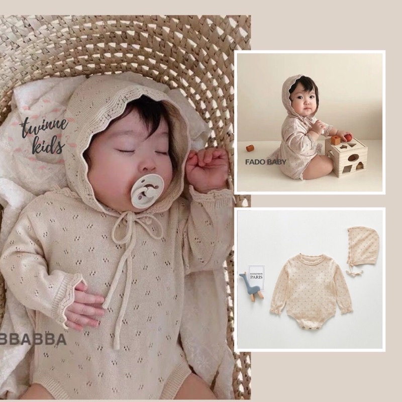 [Emma Baby] Bộ đồ liền thân kèm mũ, romper bodysuit em bé sơ sinh chất liệu len dệt kim bé gái từ 0-24 tháng