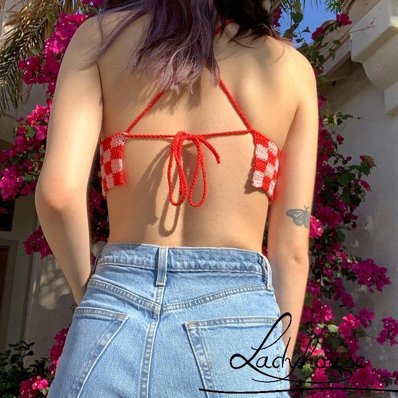 LD-Women´s Halter Crop Cami Tops, Sleeveless Self-Tie Backless Checkerboard Print Crochet Camisole