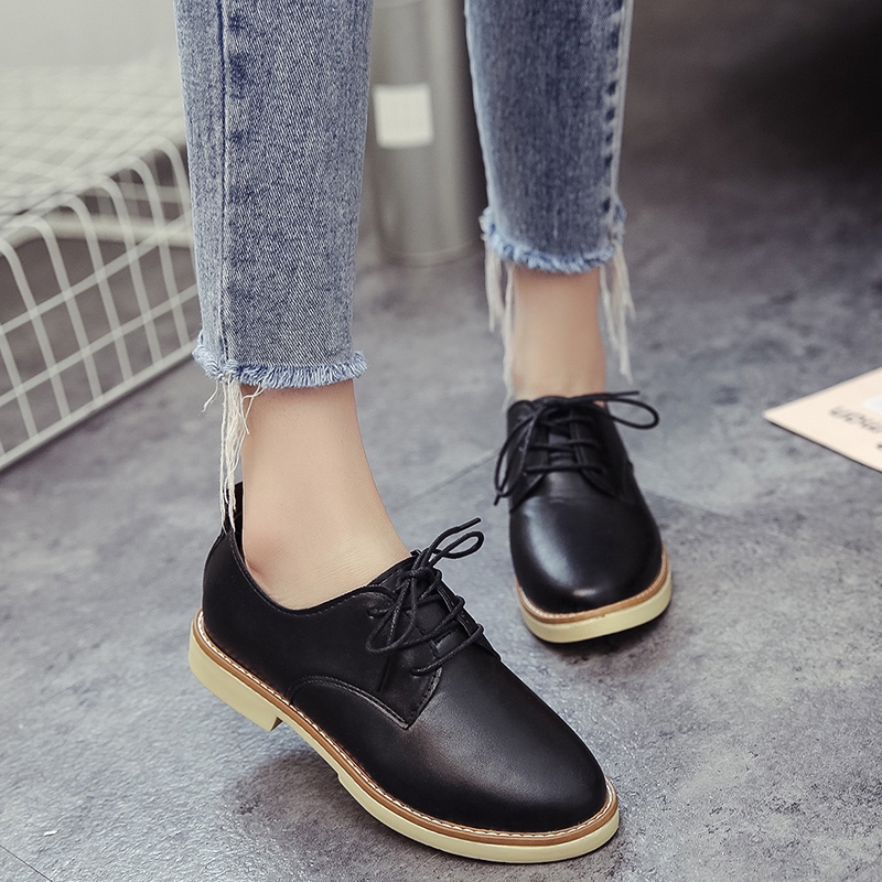 Giày da đế phẳng màu trơn phong cách Hàn Quốc dành cho bạn nữ | BigBuy360 - bigbuy360.vn