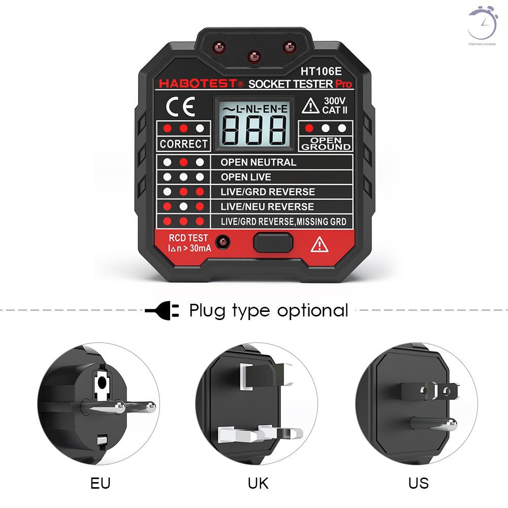 HABOTEST Máy kiểm tra ổ cắm điện GFCI nâng cao tự động Kiểm tra dây đất trung tính trực tiếp Mạch dò phân cực Máy dò tìm phích cắm trên tường Máy tìm rò rỉ điện Kiểm tra rò rỉ điện với màn hình LCD có đèn nền điện áp♠