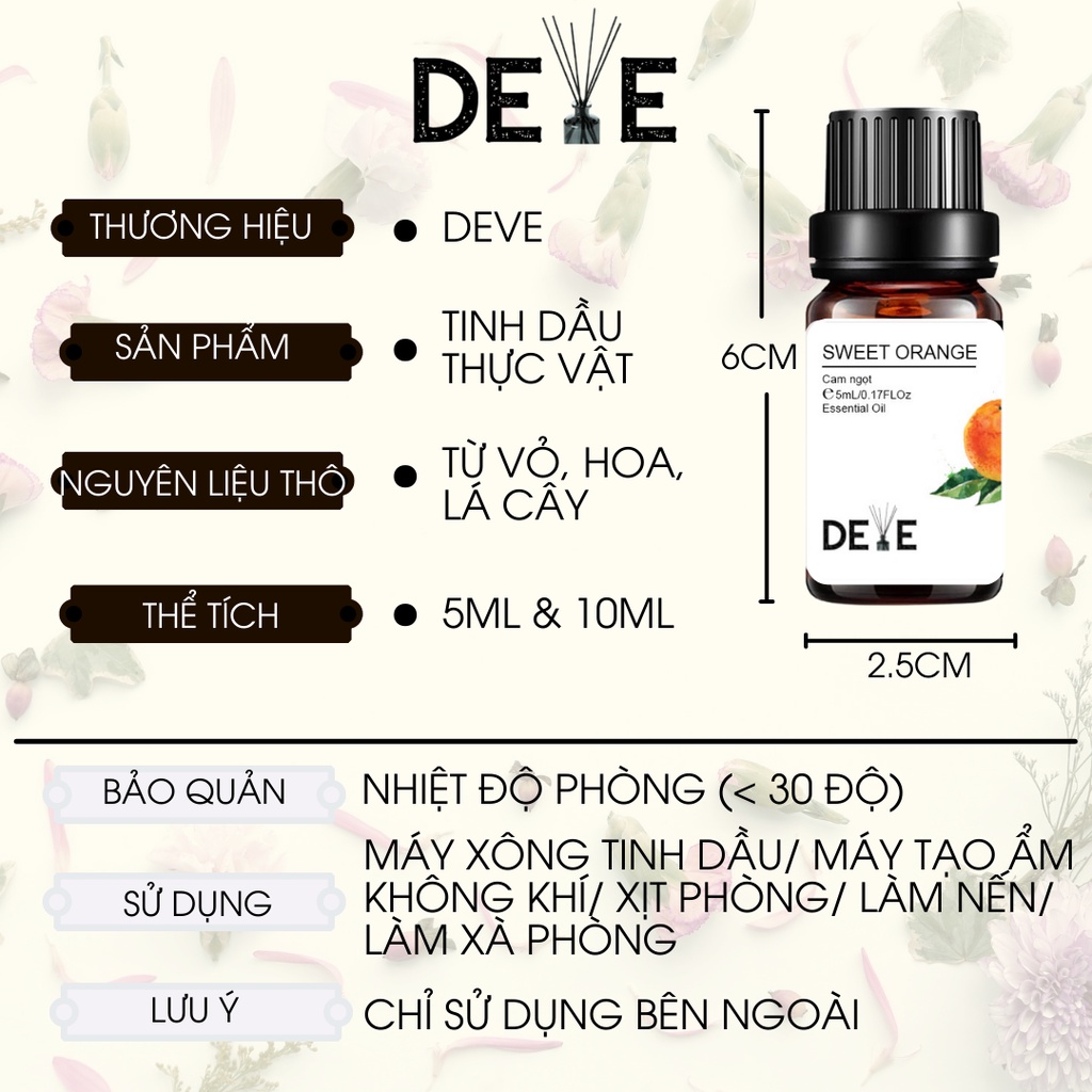 Tinh dầu xông phòng DEVE 10ml: tinh dầu sả chanh, tinh dầu oải hương, tinh dầu quế, tinh dầu bưởi nguyên chất