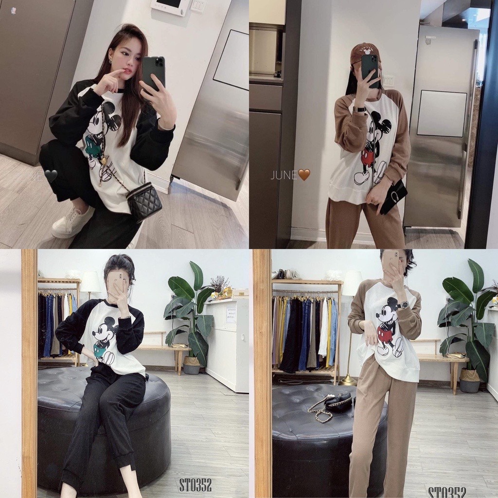 BN967- Bộ Nữ Micky Tăm Phối Tay Đen Nâu