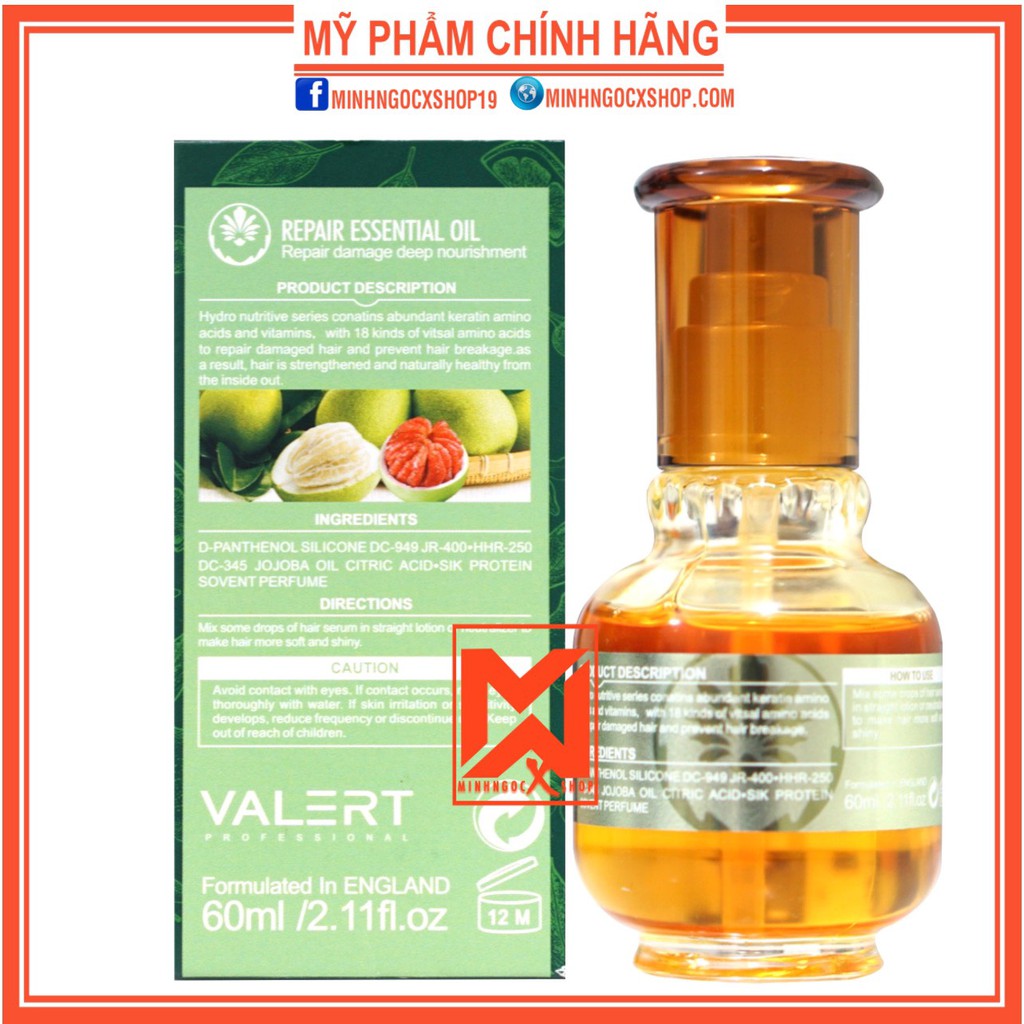 Tinh dầu dưỡng tóc VALERT, dầu dưỡng tóc phục hồi hữu cơ chiết suất bưởi VALERT REPAIR ESSENTIAL OIL 60ml chính hãng