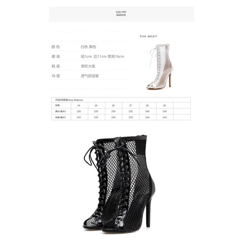 (Order) size 35-40 Boots lưới đen/trắng hở mũi gót nhọn 11cm sang chảnh