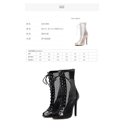 Size 35-40 Boots lưới đen/trắng hở mũi gót nhọn 11cm sang chảnh