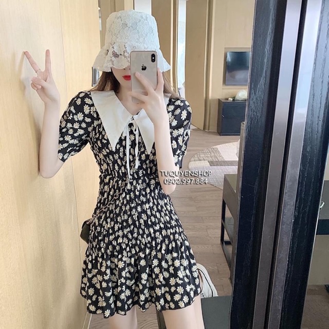 ĐẦM HOA CÚC BO THUN CỔ NHỌN