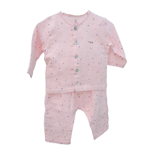 Bộ Quần Áo Sơ Sinh  Nous Cài Thẳng Dài Xô Wrinkle Hoạ Tiết Sao Hồng,Xanh Size 0-3M Đến 9-12M Chất Nu Xô