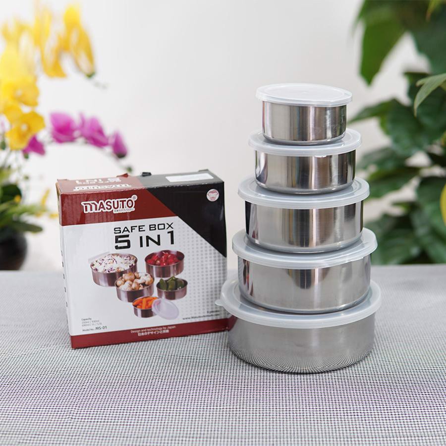 Bộ 5 hộp đựng thực phẩm Inox cao cấp Masuto 5in1 Công Nghệ Nhật Bản