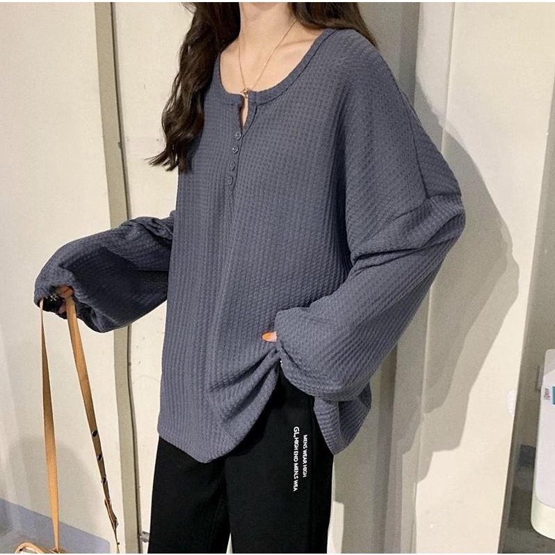 Áo Dài Tay Thu Đông Tay Bo Chun Cổ V A042 Áo Phông Len Mỏng có cúc cài basic vintage đi học đi chơi