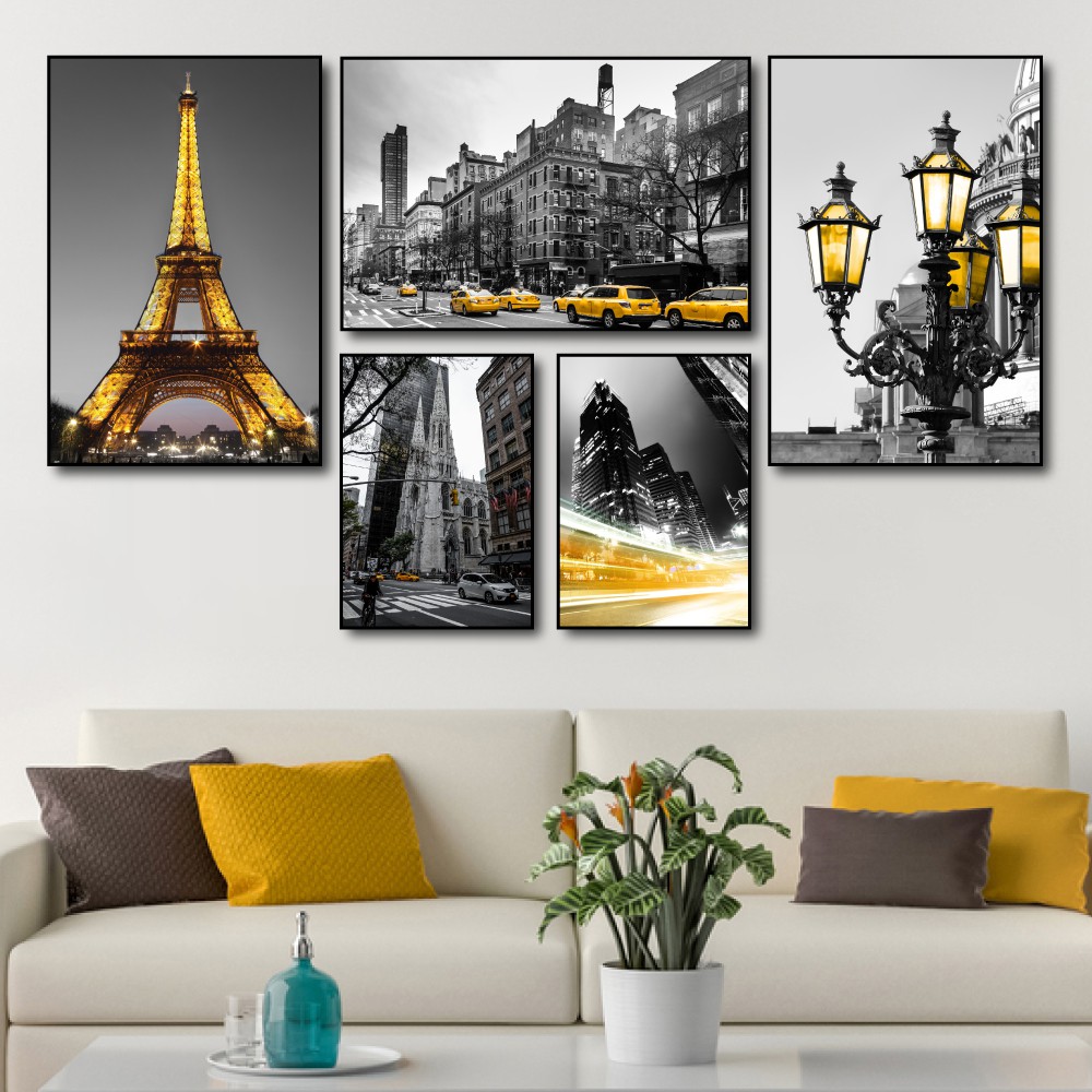 Tranh treo tường canvas Paris sắc vàng decor trang trí phòng khách, phòng ngủ &amp; cầu thang có khung cao cấp khổ lớn 40x60