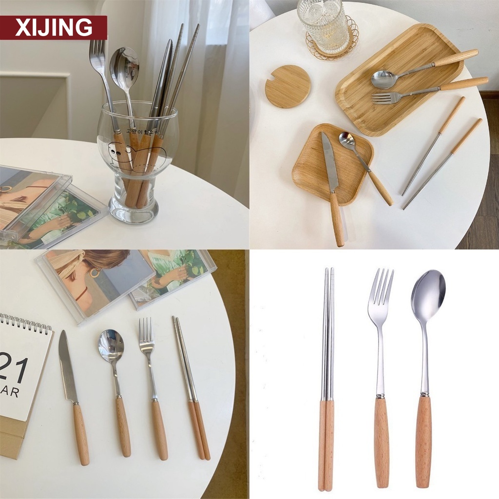 Muỗng/ nĩa/ đũa bằng thép không gỉ cán gỗ phong cách Nhật Bản