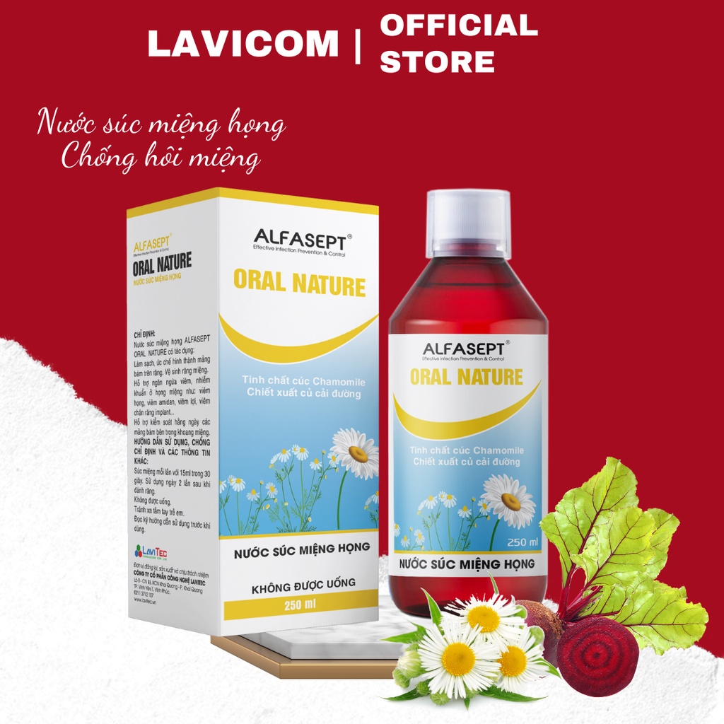 Nước súc miệng họng Alfasept Natural 250ml - Chiết xuất cúc la mã giảm khô miệng, giảm hôi miệng