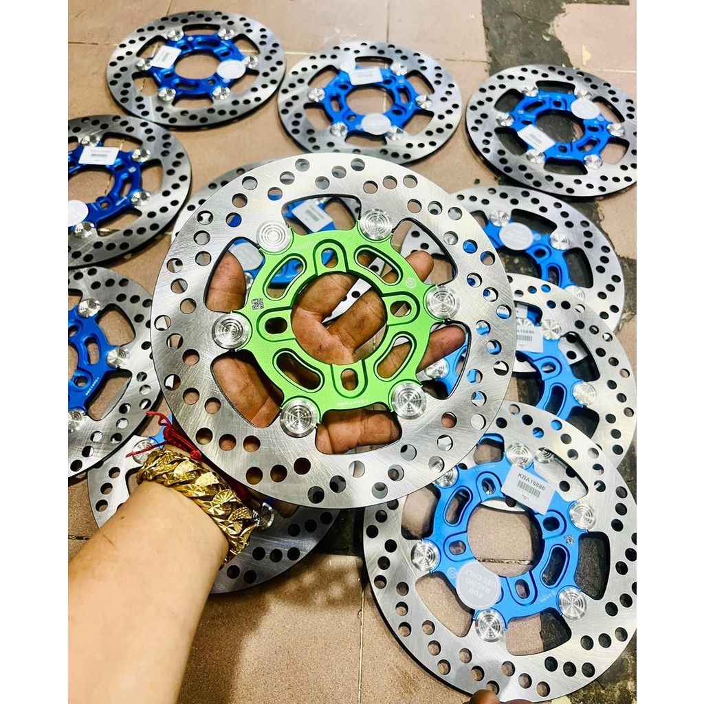 NEW 100% - Đĩa Thắng Trước size 220mm 4 lỗ thông dụng, gắn nhiều loại xe, Khoen INOX 304 Không Gỉ, Lòng CNC Màu Xanh Non
