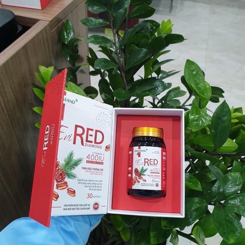 Viên Vitamin E đỏ uống sáng đẹp da Evired diamond - Tinh dầu thông đỏ và hoa anh thảo lọ 30 viên