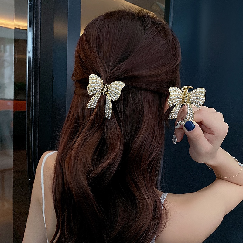 Kẹp Tóc Hình Nơ Bằng Kim Loại Đính Ngọc Trai Thời Trang Cho Nữ