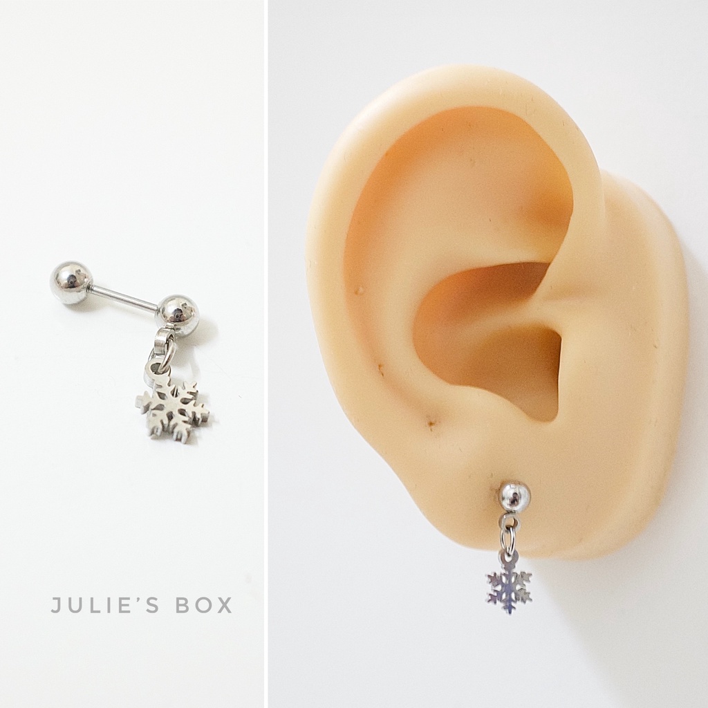 Khuyên Tai Titan Unisex Có Charm Hoa Tuyết Bi Tròn Không Gỉ Sét Không Ngứa Bông Tai Julies Box 66