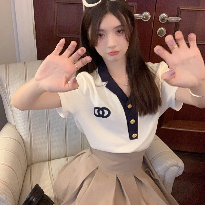 Áo Thun POLO Ngắn Tay Màu Sắc Tương Phản Phong Cách Hàn Quốc Dành Cho Nữ