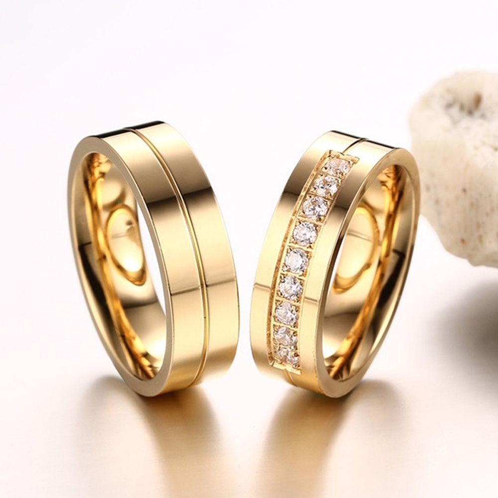 Nhẫn Cưới Bằng Thép Không Gỉ Mạ Vàng 18k Đính Đá Zirconia Thời Trang Cho Cặp Đôi