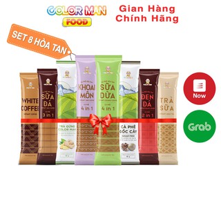 Set 8 hòa tan Color Man gồm trà gừng, cà phê gốc cây khoai môn, sữa dừa, white coffee, sữa đá, đen đá và trà sữa hòa tan