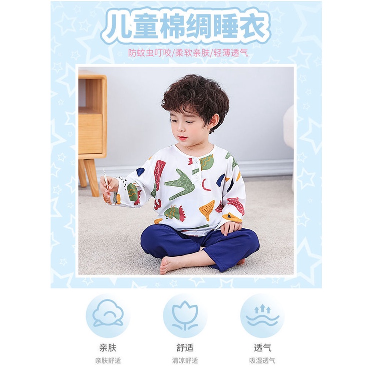 Bộ Đồ Ngủ Bằng Lụa cotton Lụa Mỏng Tay Dài Thời Trang Dành Cho Bé Trai
