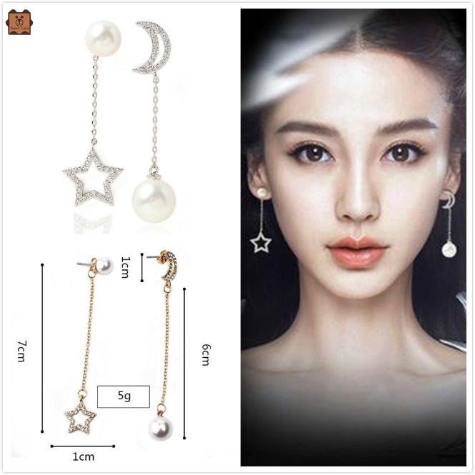 Đôi khuyên tai dây dài quyến rũ hình ngôi sao và hạt tròn mặt trăng