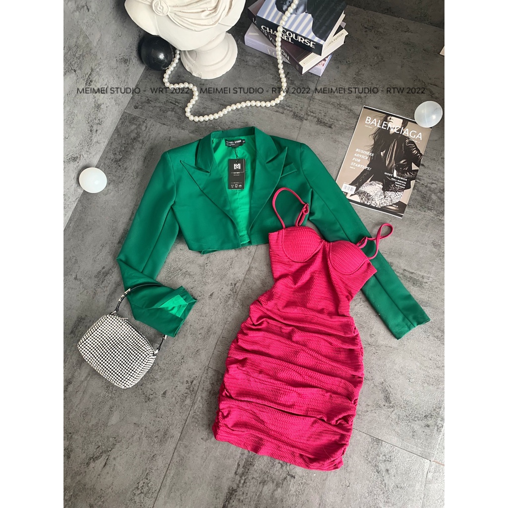 Set đồ nữ Amber 2 món đầm dúm kèm áo vest - Váy 2 dây thun dúm ôm body, áo dáng croptop | XKSB23 | Meimei Studio