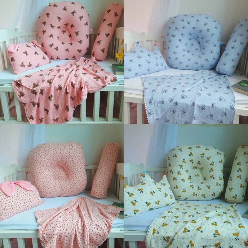 bộ gối chống trào ngược, gối nằm, gối ôm và chăn cho bé