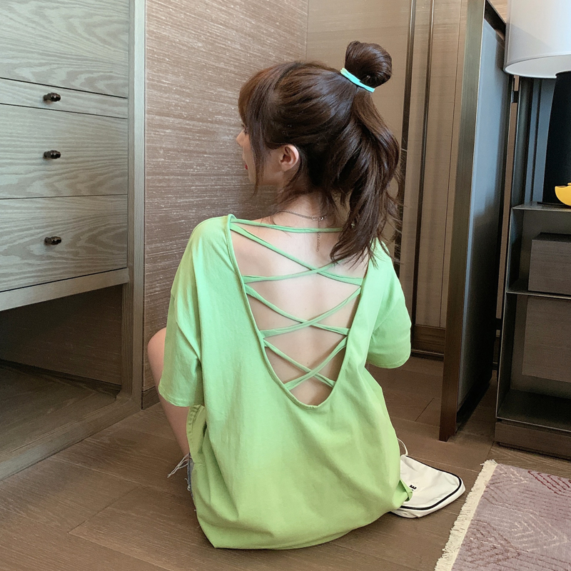 Áo thun dáng rộng ngắn tay thiết kế hở lưng thời trang cho nữ