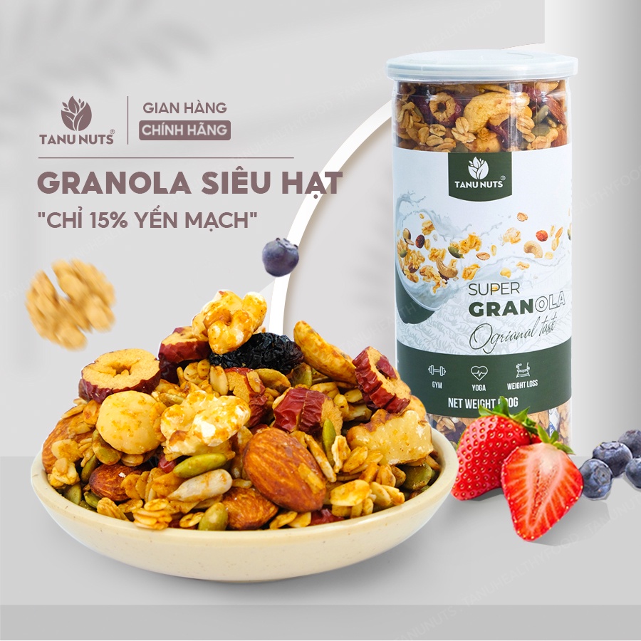 Granola siêu hạt 15% yến mạch TANU NUTS, ngũ cốc ăn kiêng giảm cân không đường healthy tốt cho gym, yoga