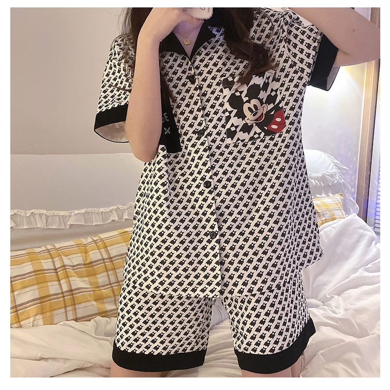 Bộ quần áo ngắn tay phối màu in hoạt hình Mickey kẻ ô nghìn chú chim phong cách hè mặc nhà cho nữ