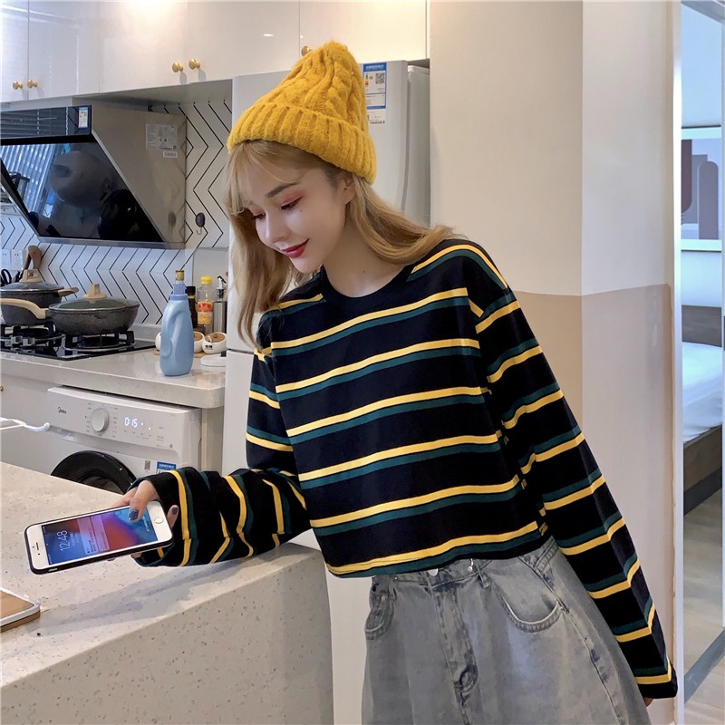 Long Sleeve Striped T-shirt loose retro fashion crew neck | BigBuy360 - bigbuy360.vn