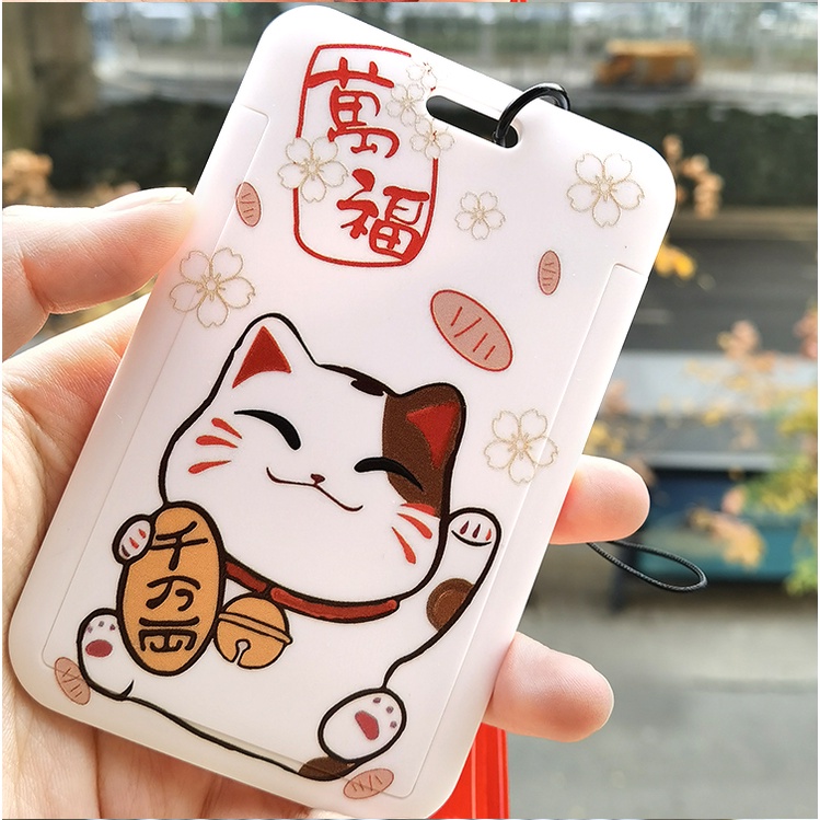 Case mèo may mắn, mèo thần tài đựng card, thẻ ATM, thẻ nhân viên, CCCD kèm móc khóa, dây đeo thẻ