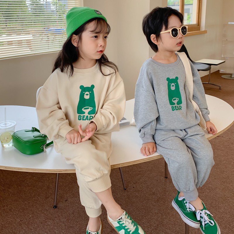 Bộ Quần Áo Nỉ Dài Tay Trẻ Em In Hình Gấu Bear Xanh Dễ Thương Cho Bé Từ 8-22kg Mã DT46