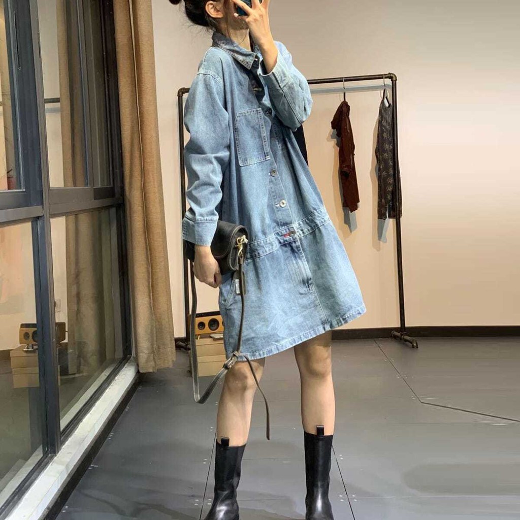 Đầm Denim Tay Dài Dáng Chữ A Rộng Thời Trang Mùa Xuân Dành Cho Nữ 2021