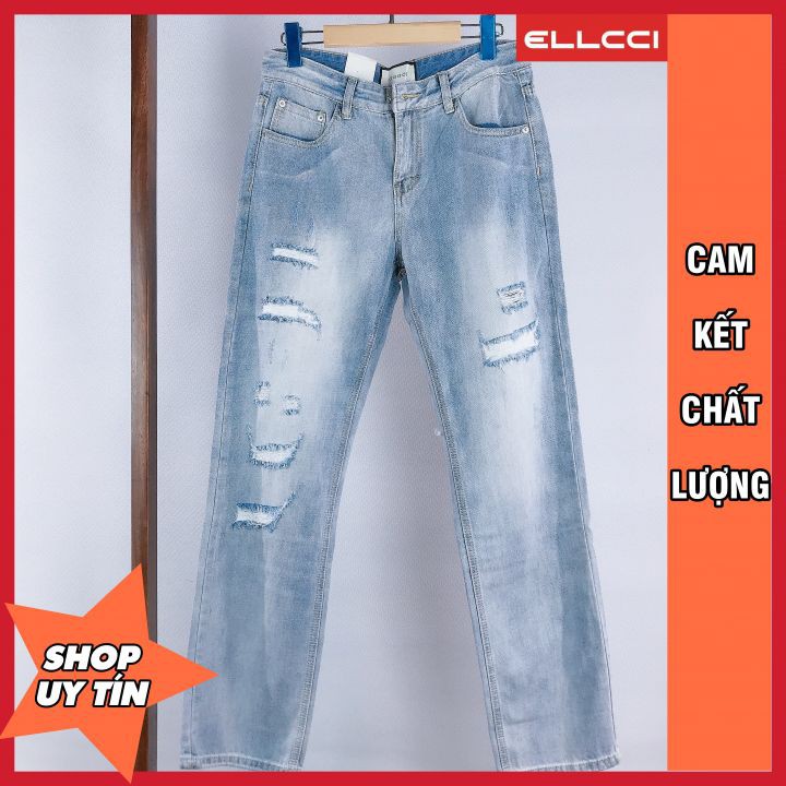 Quần jean nam ống suông rộng xanh sáng rách cực chất tại ELLCCI - Chuyên Quần bò nam ống xuông